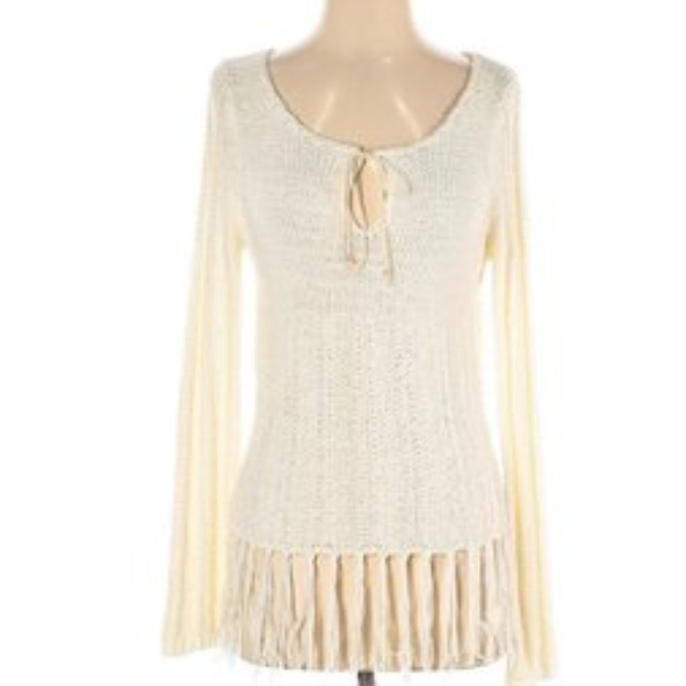 Max Studio open knit fringe keyhole white sweater
